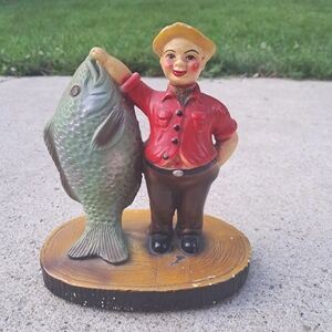Vintage 1950 J.J. Kenney Co. Fisherman Figurine with Large Bass Fish Statue